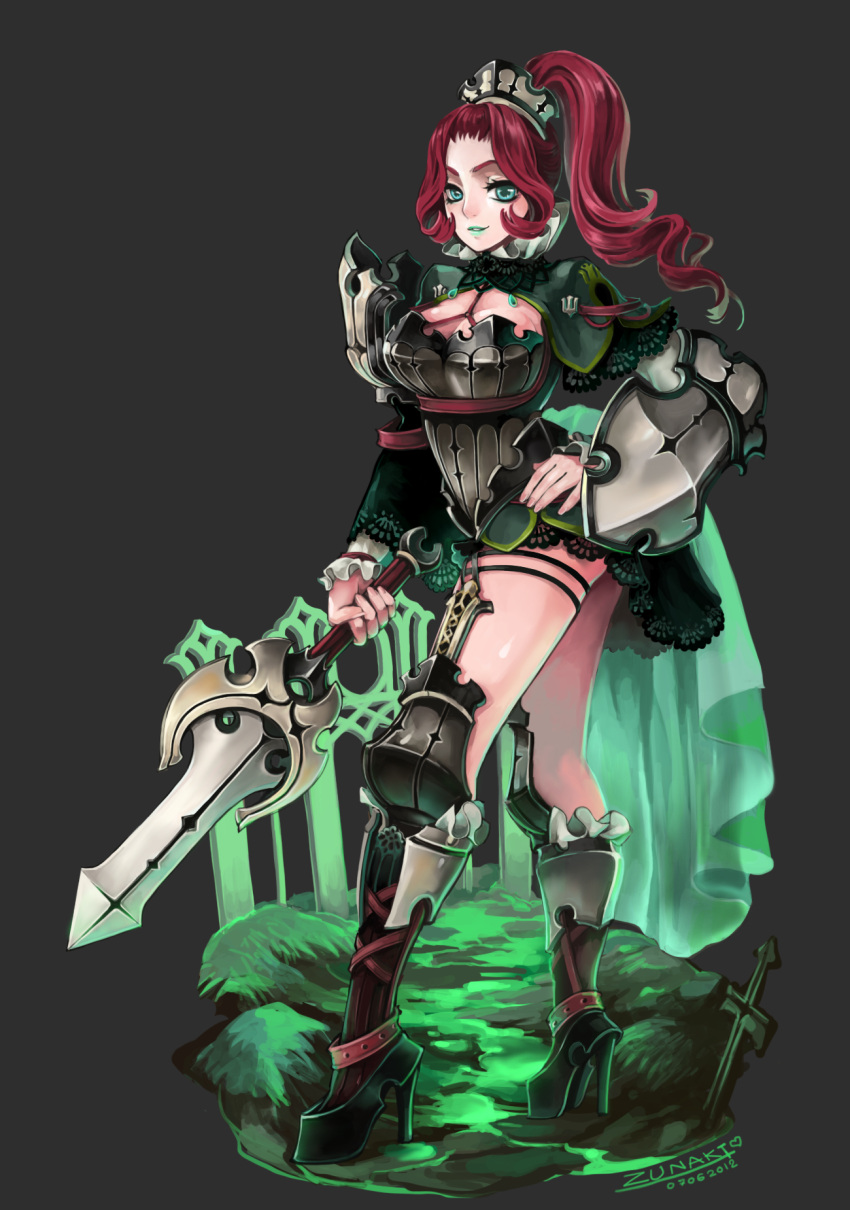 2012 armor artist_name boots breasts dated green_eyes grey_background hand_on_hip high_heels highres hips large_breasts long_hair original ponytail red_hair redhead shield shoes smile solo sword weapon zunaki