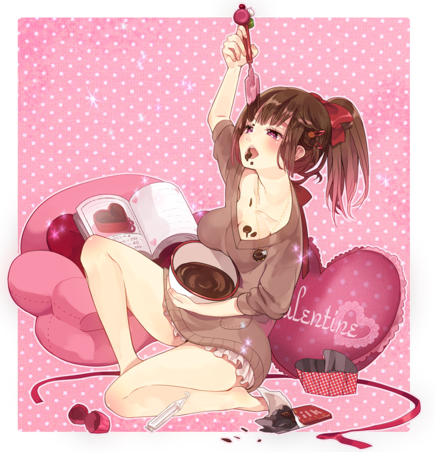 book breasts brown_hair candy_wrapper chocolate cleavage heart heart-shaped_pupils highres hiyo_kiki holding jewelry long_hair mixing_bowl necklace open_book original outline pillow pink_hair polka_dot polka_dot_background ponytail red sitting sleeves_pushed_up solo sweater symbol-shaped_pupils tongue tongue_out valentine