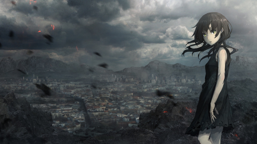 1girl black black_hair building city clouds dress duplicate green_eyes original post-apocalyptic scenic seafh yellow