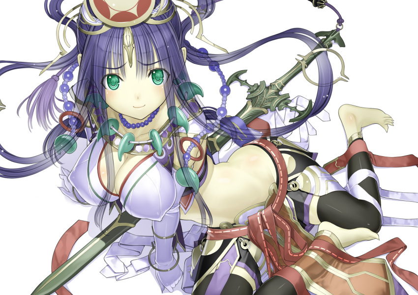 amaterasu_(sengoku_collection) bangle barefoot beads blue_hair bracelet breasts character_request cleavage elbow_gloves erect_nipples gloves green_eyes hair_ornament highres jewelry long_hair looking_at_viewer magatama midriff nakaba_reimei navel necklace purple_hair sengoku_collection simple_background sitting smile solo sword weapon white_background yokozuwari
