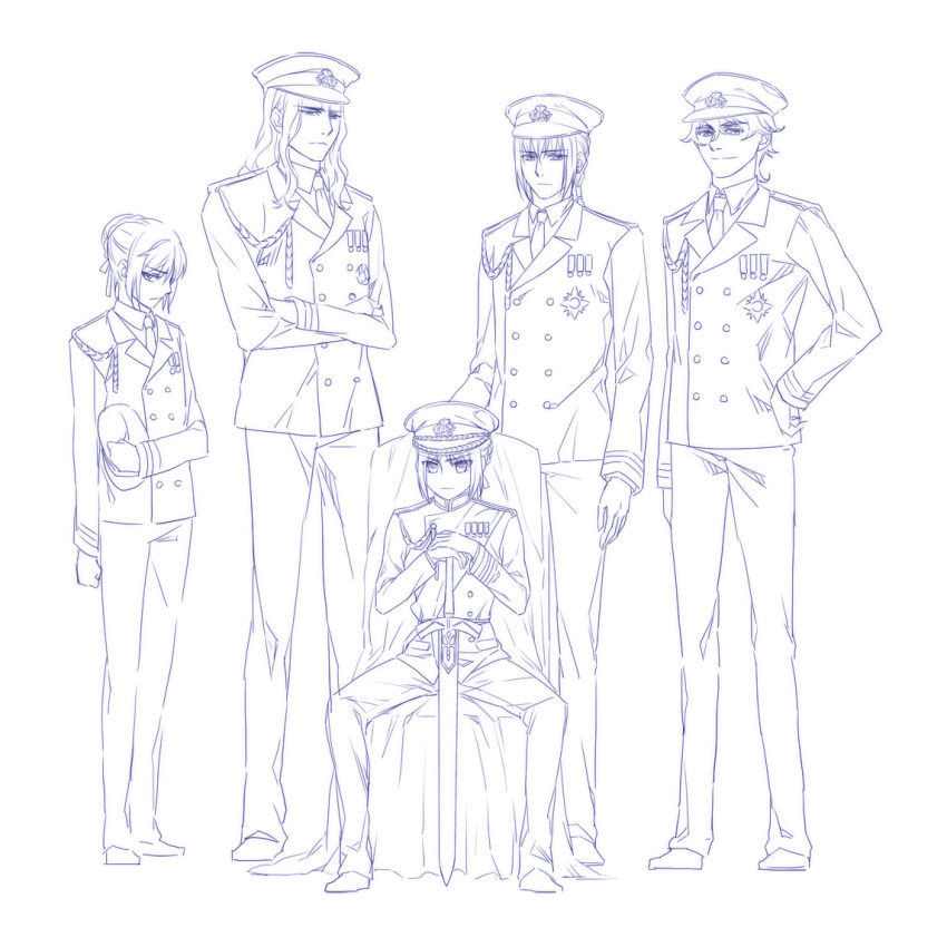 1girl 3boys 4boys androgynous bedivere berserker_(fate/zero) excalibur fate/stay_night fate/zero fate_(series) gawain_(fate/extra) kanmuri_(hanyifan30338) long_hair military military_cap military_uniform monochrome mordred multiple_boys multiple_girls planted_sword planted_weapon reverse_trap saber saber_of_red short_hair sitting sword tomboy uniform weapon