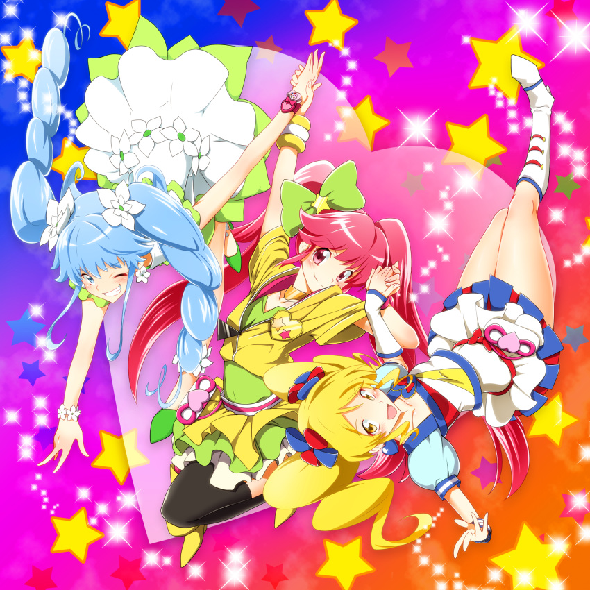3girls absurdres aino_megumi alternate_form blonde_hair blue_eyes blue_hair boots bow cure_honey cure_lovely cure_princess flower grin hair_bow hair_flower hair_ornament happinesscharge_precure! highres holding_hands knee_boots lollipop_hip_hop long_hair macadamia_hula_dance magical_girl multicolored_background multiple_girls one_eye_closed oomori_yuuko pink_eyes pink_hair popcorn_cheer precure shirayuki_hime shirt skirt smile sparkle star starry_background thigh-highs twintails upside-down wink yellow_eyes yuto_(dialique)