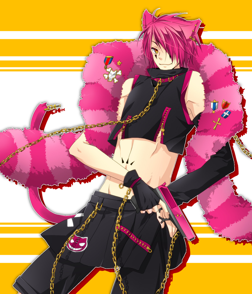 animal_ears badge bangs boa boris_airay cat_ears cat_tail catboy chain chains collar earrings fingerless_gloves gloves gun hair_over_one_eye hand_on_hip heart_no_kuni_no_alice highres hips jewelry male midriff outline pants pink_hair purple_hair short_hair short_pants sleeveless_shirt smile solo tail tattoo weapon yellow_eyes zipper