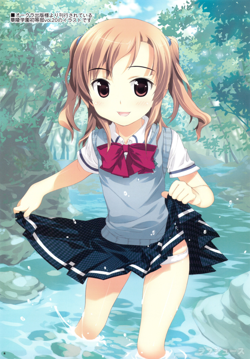 1girl brown_hair flat_chest highres loli long_hair outdoors outside panties skirt skirt_lift solo sweater_vest tree twintails underwear wading water white_panties yan-yam