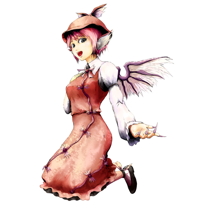 black_eyes bow dress fingernails hair_bow hands hara_tamakita hat highres kneeling long_fingernails long_nails long_sleeves looking_down mystia_lorelei nails open_mouth outstretched_arm outstretched_hand pink_hair shoes short_hair solo touhou transparent_background wings