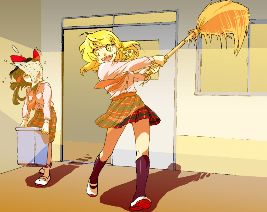 alternate_costume blonde_hair bow braid broom brown_hair contemporary hair_bow hakurei_reimu kaga3chi kirisame_marisa multiple_girls school_uniform short_hair touhou yellow_eyes