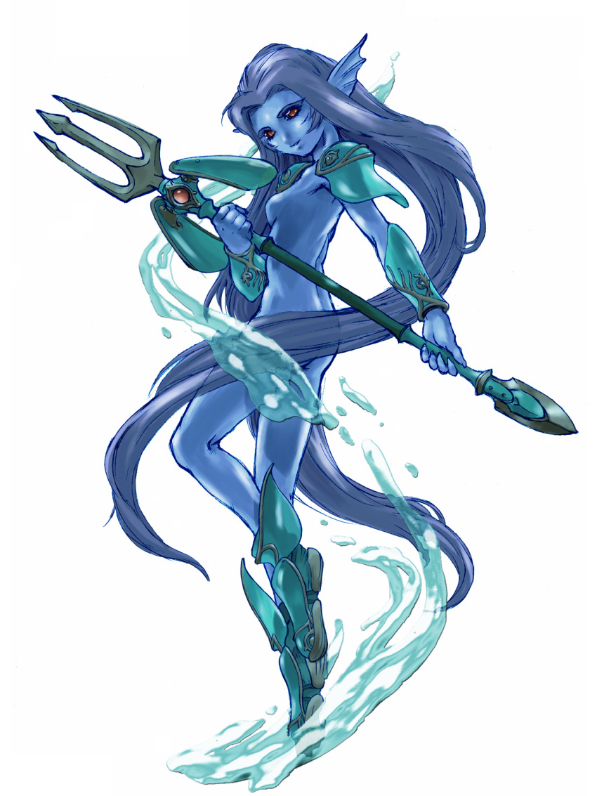 animal_ears armor artist_request blue_hair blue_skin breasts highres holding legs long_hair nude official_art okumura_daigo orange_eyes polearm profile shoes sideboob simple_background smile solo tales_of_(series) tales_of_eternia trident undine undine_(tales) water weapon