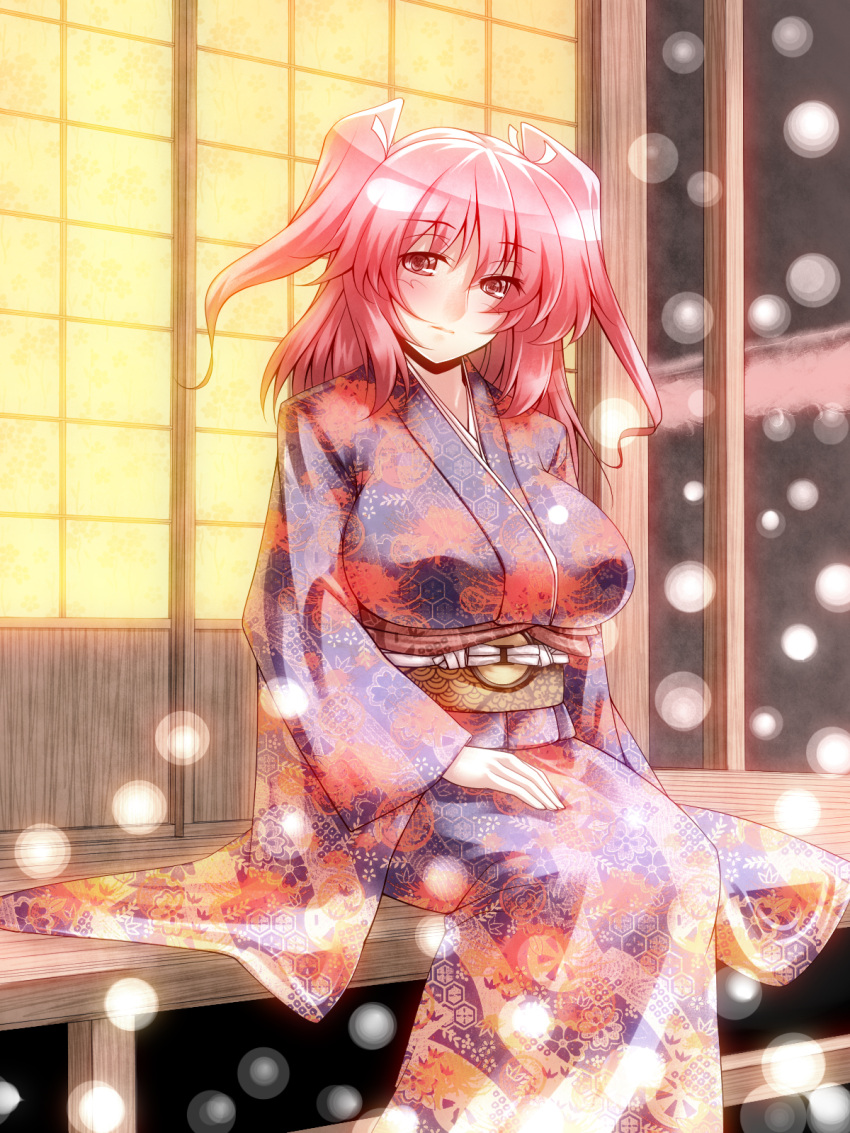 blush breasts cute hair_bobbles hair_ornament highres japanese_clothes kimono large_breasts looking_at_viewer new_year onozuka_komachi perfection red_eyes red_hair redhead short_hair sitting solo symbol_shaped_pupils text_in_eyes touhou translated tro twintails