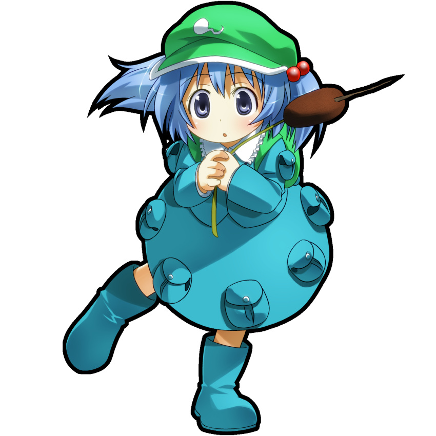 bad_id bag blue_eyes blue_hair boots hair_bobbles hair_ornament hat highres kawashiro_nitori short_hair touhou transparent_background twintails umekichi