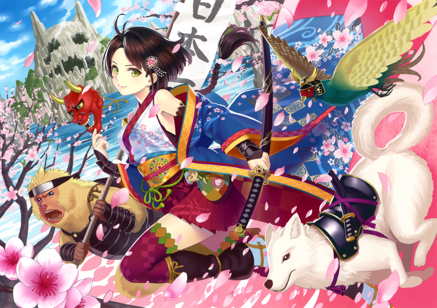 1girl absurdres arm_guards bare_shoulders bird black_hair braid cherry_blossoms dog elbow_gloves fingerless_gloves forehead_protector gloves green_eyes hakama_skirt helmet highres huge_filesize k+ kanzashi katana lips long_hair monkey oni_mask original petals pleated_skirt purple_legwear running sandals scan single_braid skirt smile solo sword thigh-highs weapon