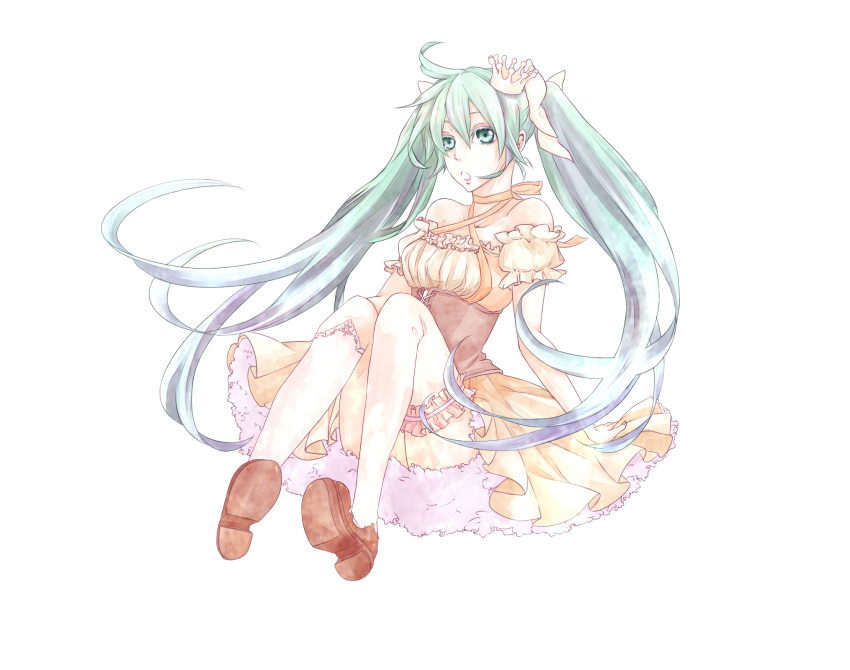 akinashi bare_shoulders corset crown dress green_eyes green_hair hatsune_miku highres kneehighs long_hair open_mouth shoes simple_background sitting solo thigh-highs thighhighs twintails very_long_hair vocaloid white_background