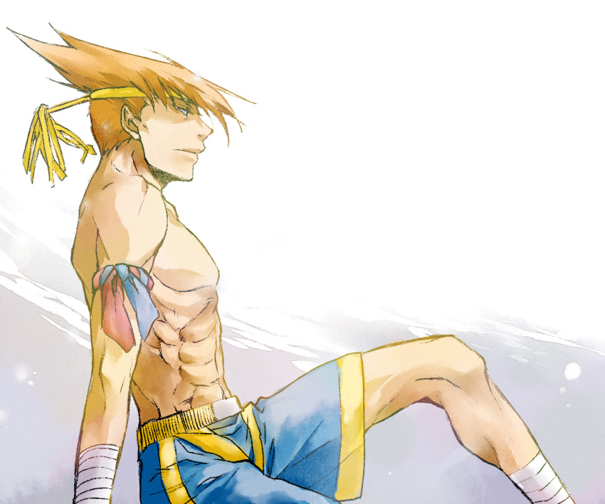 adon ankle_wraps arm_support arm_wrap armband headband hikage_mono mongkhon muscle orange_hair shirtless shorts solo spiked_hair spiky_hair street_fighter