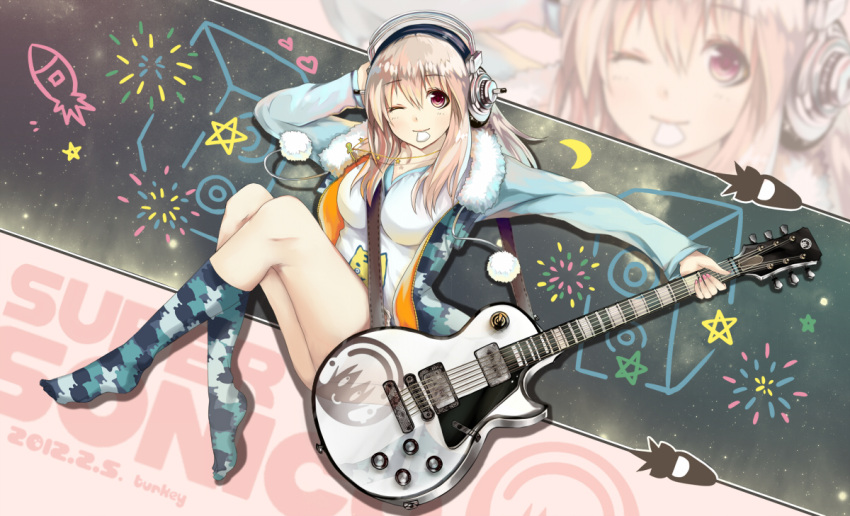 brown_eyes guitar headphones instrument long_hair nitroplus pink_hair super_soniko