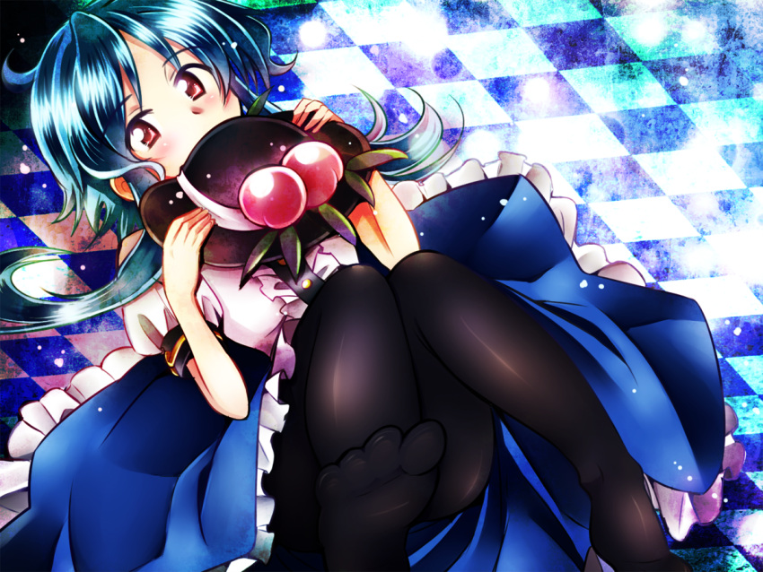 bad_anatomy bad_feet black_legwear blue_hair blush_stickers buttons checkered checkered_floor covering_mouth dress_shirt ears food foreshortening fruit hat hat_removed headwear_removed hinanawi_tenshi holding holding_hat leg_up light_particles looking_at_viewer lying on_back on_floor pantyhose payot peach red_eyes shirt short_hair short_sleeves solo torisuke_(koinohito) touhou