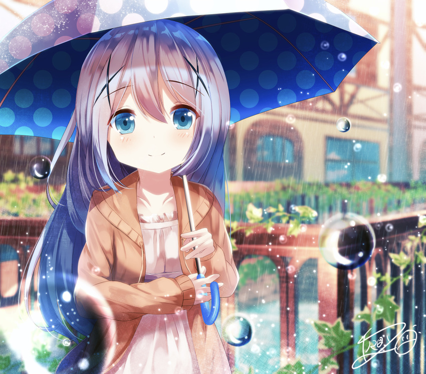 1girl alternate_costume bangs blue_eyes blue_umbrella blurry blush breasts bridge brown_jacket closed_mouth clouds collarbone commentary_request cowboy_shot day depth_of_field door eyebrows_visible_through_hair gochuumon_wa_usagi_desu_ka? hair_between_eyes hair_ornament hairclip holding holding_umbrella house kafuu_chino light_blue_hair long_hair long_sleeves looking_at_viewer mokachino outdoors plant polka_dot_umbrella rain river shirt sidelocks signature small_breasts smile solo standing umbrella vines water_drop white_shirt window wood wooden_bridge x_hair_ornament