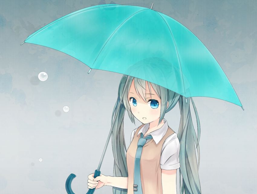 1girl blue_eyes blue_hair hatsune_miku long_hair sakoku_(rh_ty_ks) solo tie twintails umbrella vocaloid