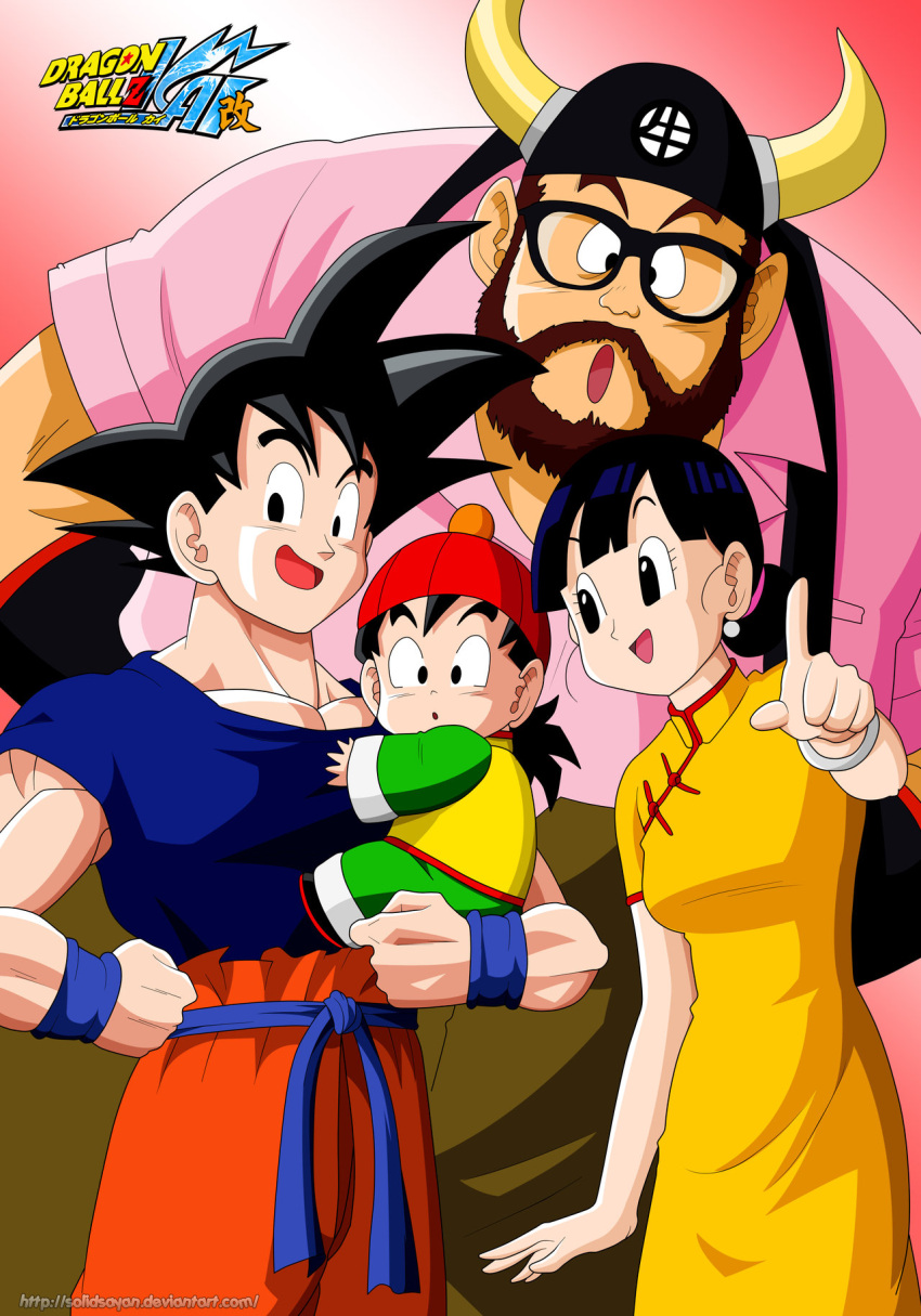 3boys :d age_difference beard black_eyes black_hair brown_hair chichi child dragon_ball dragon_ball_kai dragon_ball_z dragonball_z facial_hair family father_and_daughter father_and_son glasses gyuu_mao hat height_difference highres horns husband_and_wife index_finger_raised mother_and_son multiple_boys muscle open_mouth raised_finger size_difference smile solidsayan son_gohan son_gokuu spiked_hair spiky_hair suspenders