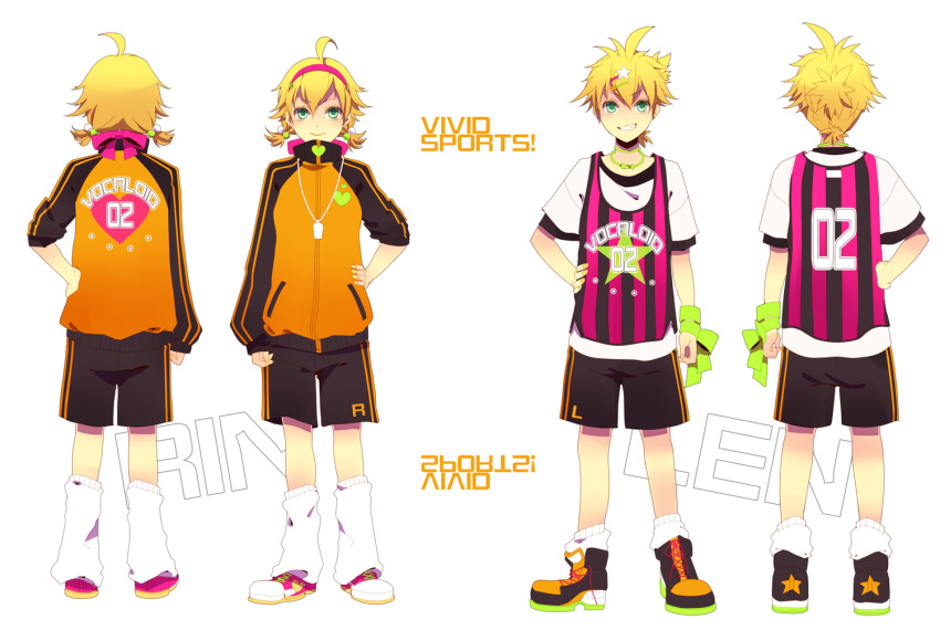 aqua_eyes blonde_hair bow brother_and_sister domco grin gym_shorts hair_bobbles hair_bow hair_ornament hair_ribbon hairband hairclip hand_on_hip heart hips jacket jersey kagamine_len kagamine_rin loose_socks ribbon short_twintails shorts siblings sleeves_pushed_up smile socks star track_jacket twins twintails vocaloid whistle wrist_ribbon