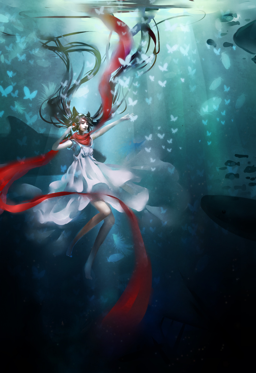 1girl absurdres black_hair blue_eyes butterfly dark dress feathers fish goggles h2so4kancel headphones highres long_hair original outstretched_arm scarf shark solo surreal underwater very_long_hair white_dress