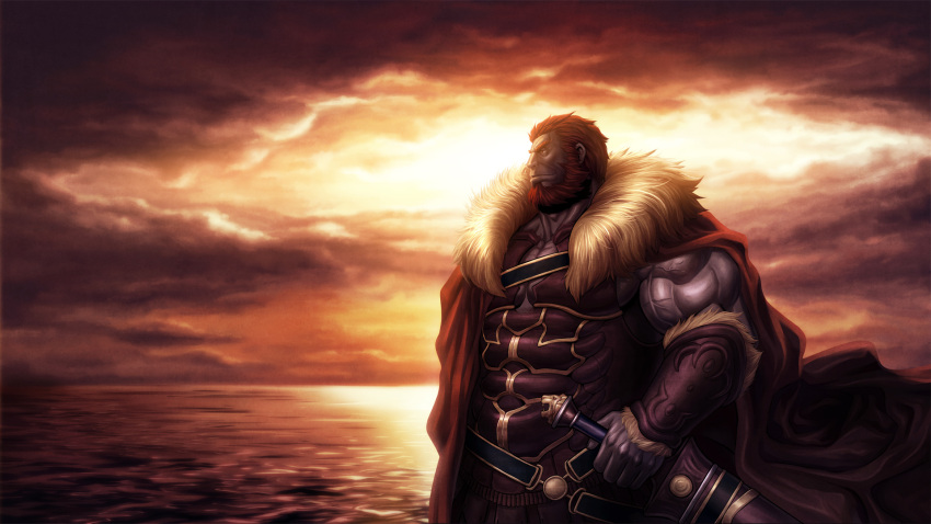 armor beard cape facial_hair fate/zero fate_(series) highres male manly muscle ocean red_eyes red_hair redhead rider_(fate/zero) solo sunset sword weapon zelo-lee