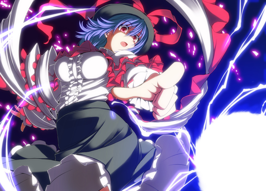 blue_hair breasts capelet electricity energy_ball foreshortening hat hat_ribbon highres iwanori large_breasts light lightning nagae_iku open_mouth pointing pointinh red_eyes ribbon shawl shirt short_hair skirt solo touhou