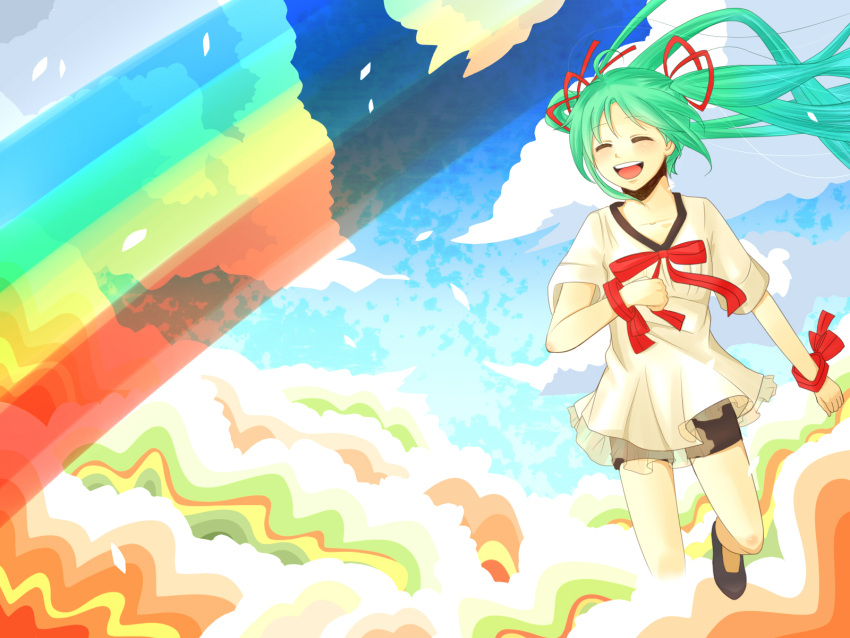 bow clouds dribble green_hair hatsune_miku rainbow ribbons sky tagme_(artist) twintails vocaloid