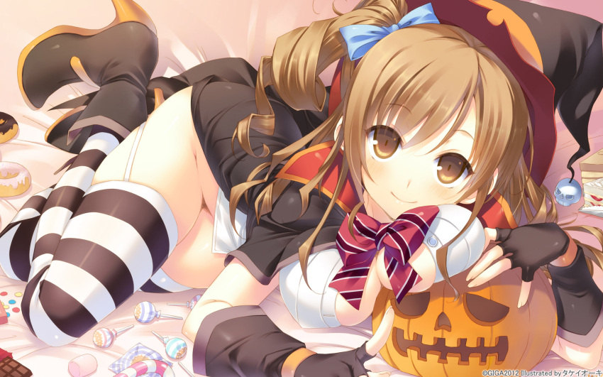 2012 bow breasts brown_eyes brown_hair candy candy_cane chocolate chocolate_bar dated doughnut fingerless_gloves food gloves halloween haruhino_misaki hat highres hotchkiss jack-o'-lantern jack-o'-lantern lollipop marshmallow nopan smile solo striped striped_legwear takei_ooki thigh-highs thighhighs translated translation_request wallpaper witch witch_hat