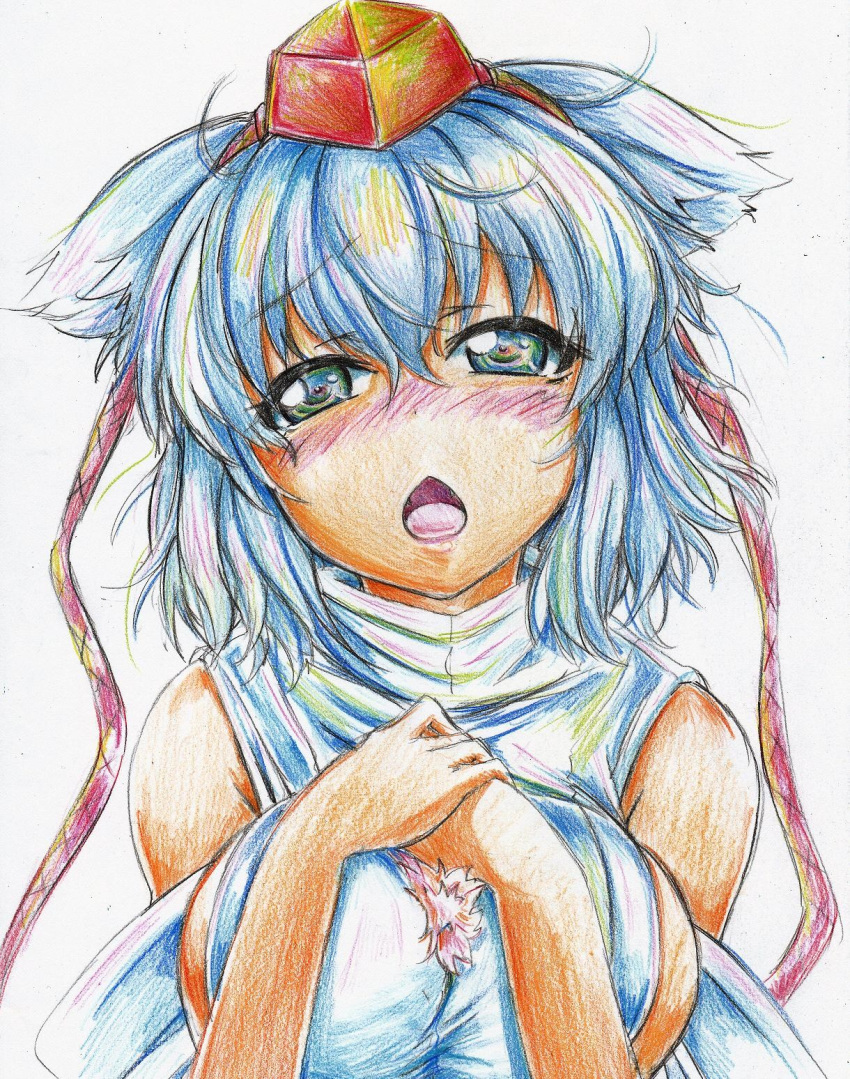 bare_shoulders blush breasts bust chestnut_mouth colored_pencil_(medium) detached_sleeves green_eyes hat highres inubashiri_momiji kitazinger open_mouth short_hair sideboob solo tokin_hat touhou traditional_media white_hair