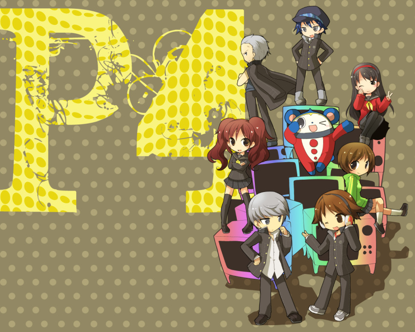 amagi_yukiko chibi hanamura_yousuke high_res kujikawa_rise kuma_(persona_4) narukami_yuu persona persona_4 satonaka_chie seta_souji shin_megami_tensei_series shirogane_naoto tatsumi_kanji wallpaper