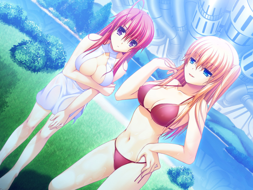 asami_asami bikini blonde_hair breast_hold fake_azure_arcology game_cg orikura_rio rain_t_miraa red_hair redhead swimsuit wet