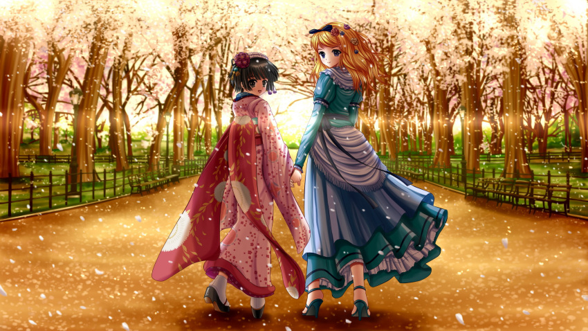 2girls alice_blanche cherry_blossoms dress ikoku_meiro_no_croisee ilolamai japanese_clothes petals sunset yune_(ikoku_meiro_no_croisee)