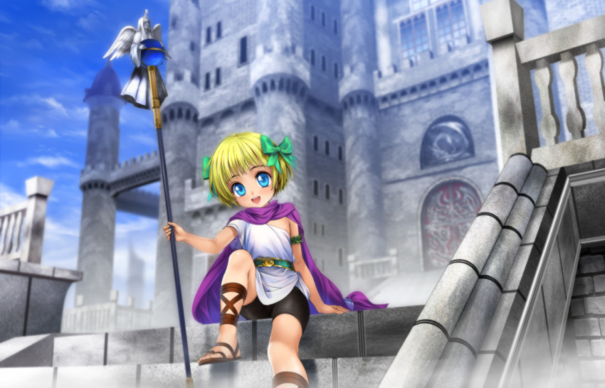 1girl bianca's_daughter bike_shorts blonde_hair blue_eyes cape child cross-laced_footwear dragon_quest dragon_quest_v hair_ribbon moonknives mutsuki_(moonknives) polearm ribbon sandals short_hair sitting solo weapon