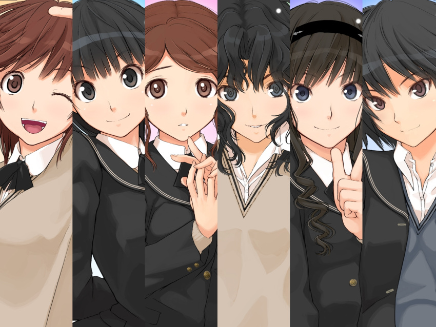 amagami ayatsuji_tsukasa black_hair brown_eyes brown_hair morishima_haruka nakata_sae nanasaki_ai sakurai_rihoko seifuku takayama_kisai tanamachi_kaoru wink