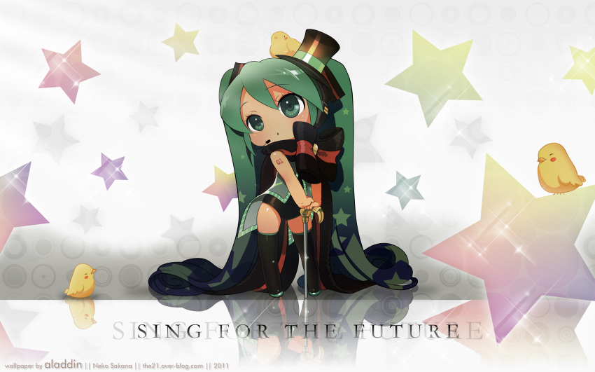 chibi green_eyes green_hair hat hatsune_miku photoshop stars twintails vocaloid