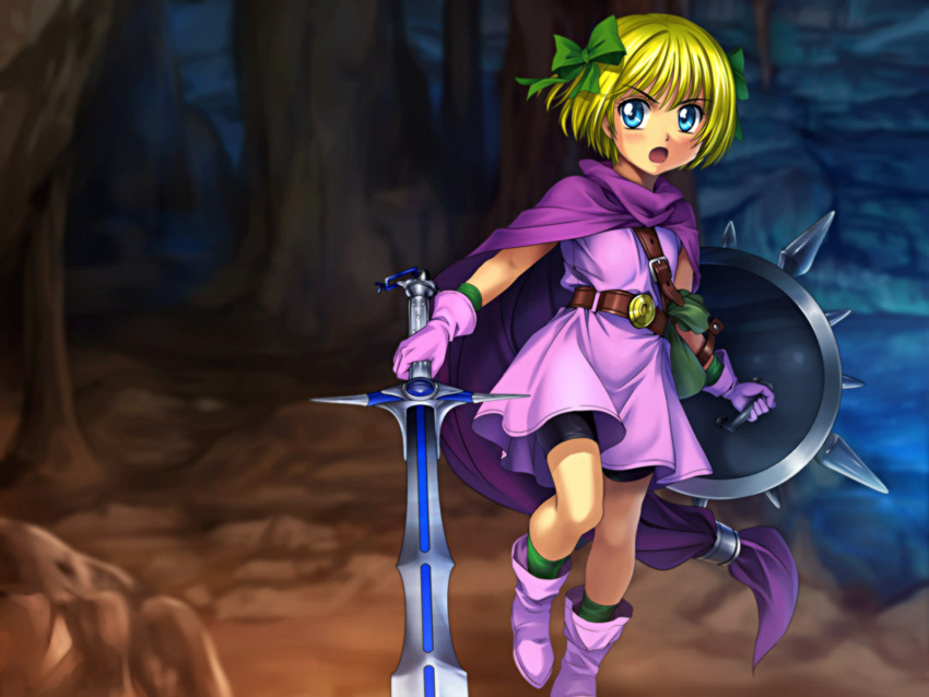 1girl bianca's_daughter bike_shorts blonde_hair blue_eyes dragon_quest moonknives short_hair solo weapon