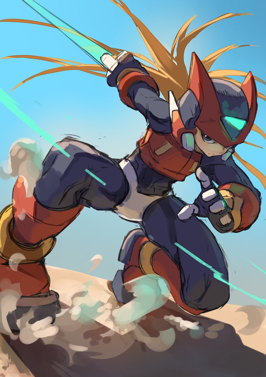 1boy armor black_eyes blonde_hair blue_sky commentary_request energy_sword forehead_jewel helmet highres holding holding_sword holding_weapon long_hair mega_man_(series) mega_man_zero_(series) omochi_(mochi_skymega) red_armor red_helmet sky solo sword weapon z_saber zero(z)_(mega_man) zero_(mega_man)