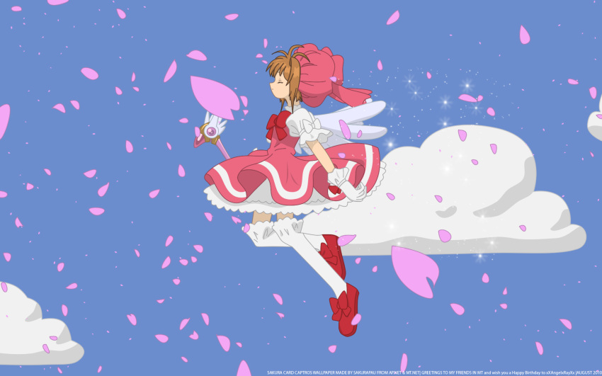 card_captor_sakura clouds dress kinomoto_sakura petals ribbons wings