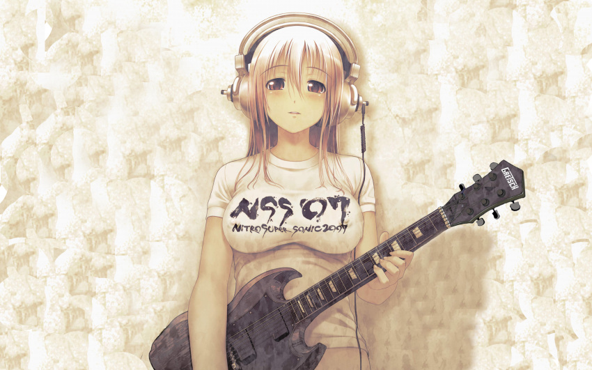 gray guitar headphones instrument long_hair nitroplus pink_hair super_soniko