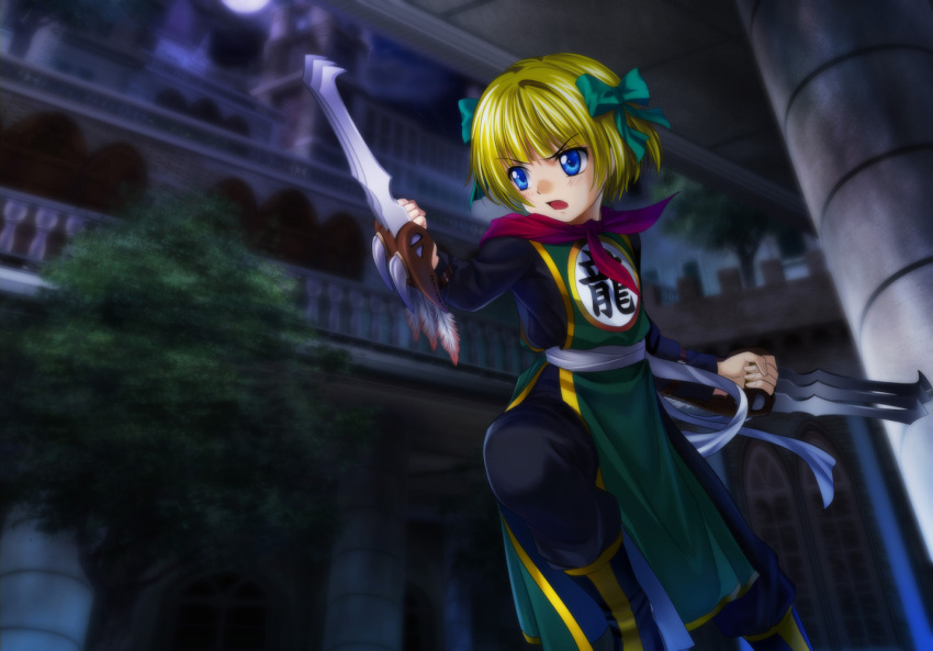 1girl bianca's_daughter blonde_hair blue_eyes bow castle china_dress chinadress chinese_clothes claws cosplay dragon_quest dragon_quest_iii dragon_quest_v fighter_(dq3) fighter_(dq3)_(cosplay) hair_bow moonknives mutsuki_(moonknives) short_hair solo sword weapon