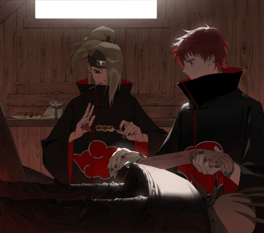 2boys akatsuki_uniform asymmetrical_bangs bag black_nails blue_eyes bopuragi8 commentary_request dango deidara_(naruto) eating extra_mouth food forehead_protector hair_over_one_eye high_ponytail highres indoors jewelry korean_commentary looking_down male_focus medium_hair multiple_boys naruto_(series) naruto_shippuuden ponytail puppet red_eyes red_hair ring robe sasori_(naruto) short_hair smile wagashi window