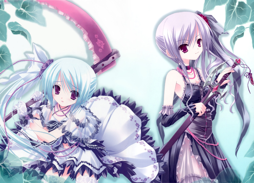 2girls blue blue_hair dress duel_dolls erika_el_dapkunaite kakuska_el_dapkunaite pink_eyes purple_hair scythe sword tinkle violet_eyes weapon