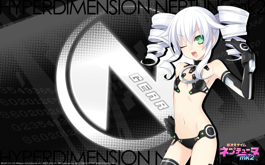 1girl black_gloves black_sister blush copyright_name drill_hair english gloves green_eyes hyperdimension_neptunia hyperdimension_neptunia_mk2 long_hair navel official_art open_mouth payot smile solo tsunako twin_drills wallpaper white_hair wink