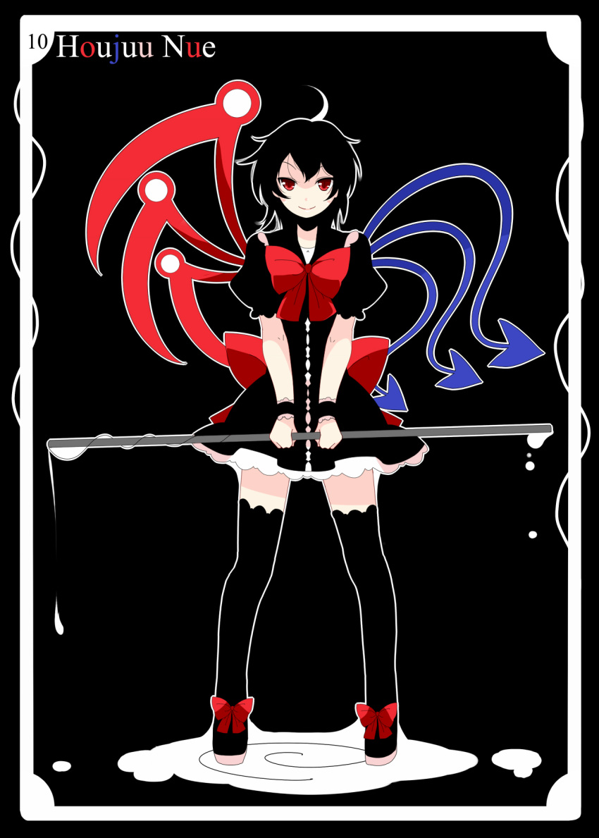 ahoge asymmetrical_wings black_background black_hair black_legwear boots character_name highres houjuu_nue looking_at_viewer meneru red_eyes short_hair smile solo standing thigh-highs thigh_boots thighhighs touhou water wings
