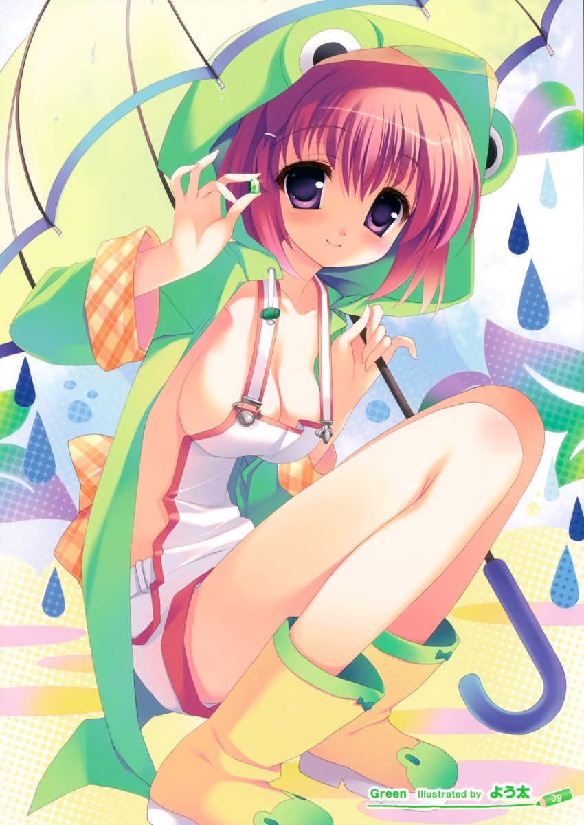 absurdres boots breasts cleavage copyright_request highres naked_overalls no_bra overalls pink_hair purple_eyes rain raincoat sitting umbrella violet_eyes youta