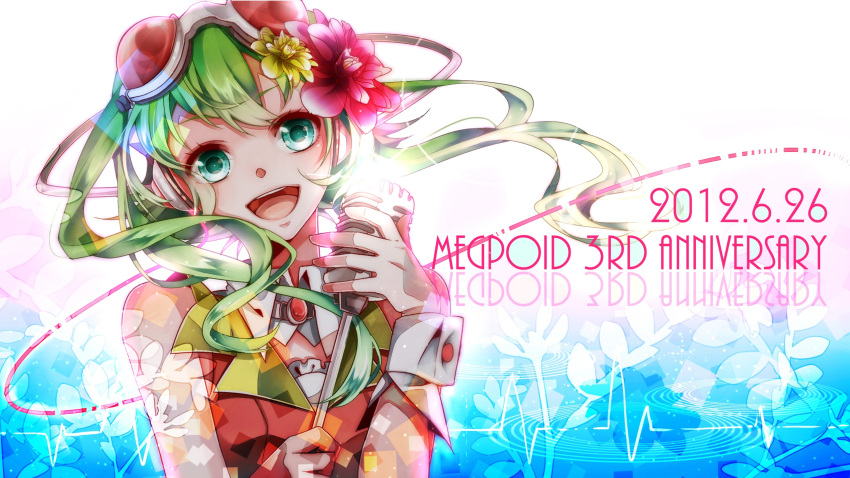 flower goggles goggles_on_head green_eyes green_hair gumi hair_flower hair_ornament highres looking_at_viewer microphone microphone_stand nou open_mouth smile solo vintage_microphone vocaloid wrist_cuffs