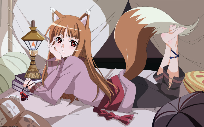 absurdres animal_ears anklet barefoot bed blush book brown_hair chin_rest duplicate feet highres holo jewelry lantern long_hair lying official_art on_stomach orange_hair pillow pouch red_eyes sadakata_kikuko sash smile soles solo spice_and_wolf tail vector vector_trace watermark wolf_ears wolf_tail wolfgirl