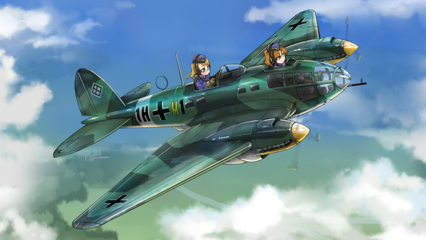 2girls above_clouds aircraft airplane artist_name blonde_hair blue_eyes blue_sky boots brown_eyes brown_hair camouflage clouds commentary dated flying garrison_cap glasses hat he_111 headphones highres iron_cross jacket landscape light_smile long_hair looking_to_the_side military military_uniform multiple_girls original propeller signature sky tokihama_jirou uniform