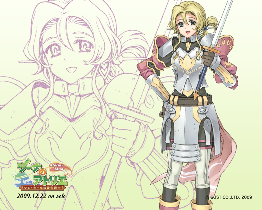 1girl 2009 armor atelier_(series) atelier_lina belt blonde_hair copyright_name dated gloves gradient gradient_background green_eyes hair_ornament hairpin hand_on_hip marcherra_waschen official_art short_hair shorts smile solo sword wallpaper watanuki_nao weapon white_background yellow_background zoom_layer
