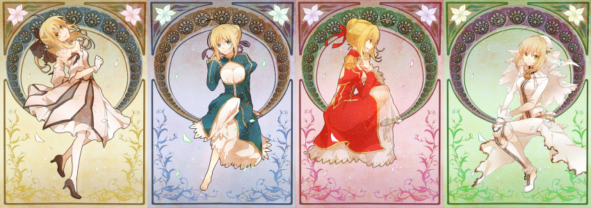 ahoge art_nouveau barefoot blonde_hair bow breasts bridal_veil cleavage_cutout dress dual_persona fate/extra fate/extra_ccc fate/stay_night fate/unlimited_codes fate_(series) flower gloves green_eyes hair_bow hair_ribbon high_heels highres long_sleeves multiple_girls puffy_sleeves ribbon saber saber_bride saber_extra saber_lily shoes veil yamabukiiro