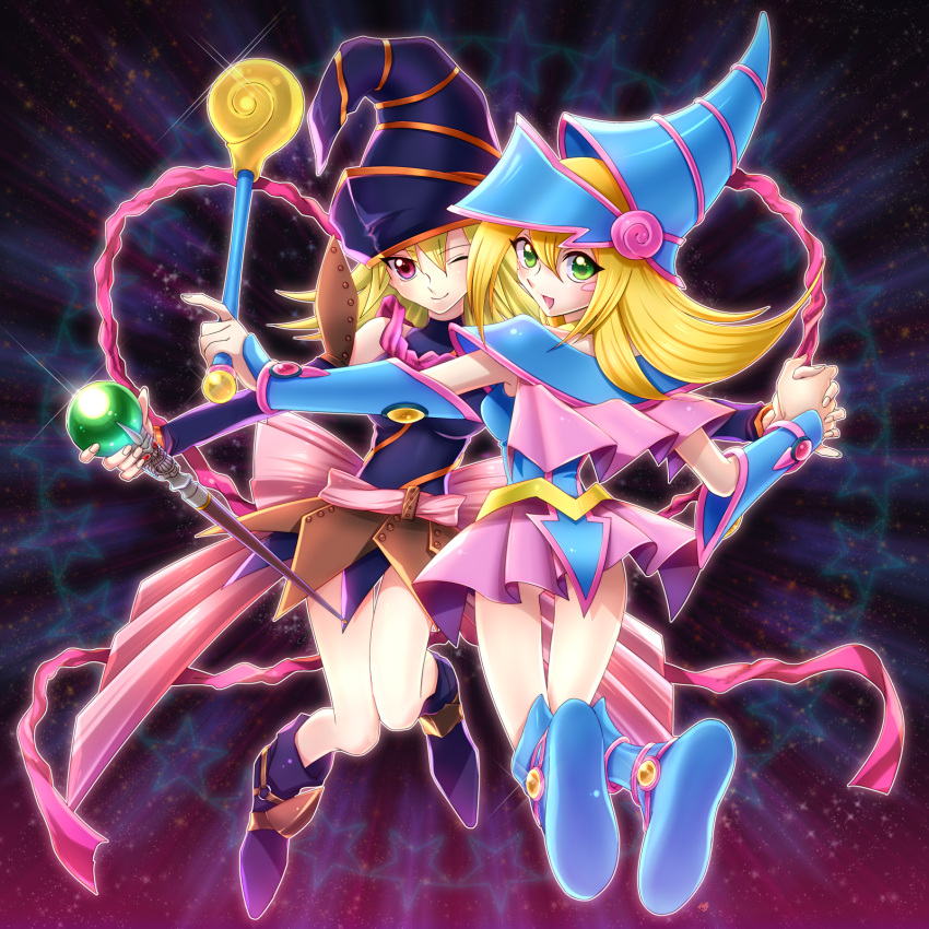:d blonde_hair blush_stickers boots dark_magician_girl detached_sleeves duel_monster female gagaga_girl green_eyes hand_holding hat highres holding_hands looking_at_viewer looking_back multiple_girls open_mouth purple_eyes smile staff star supi_co thigh_gap thighs violet_eyes wand wink witch_hat yu-gi-oh! yuu-gi-ou yuu-gi-ou_duel_monsters yuu-gi-ou_zexal